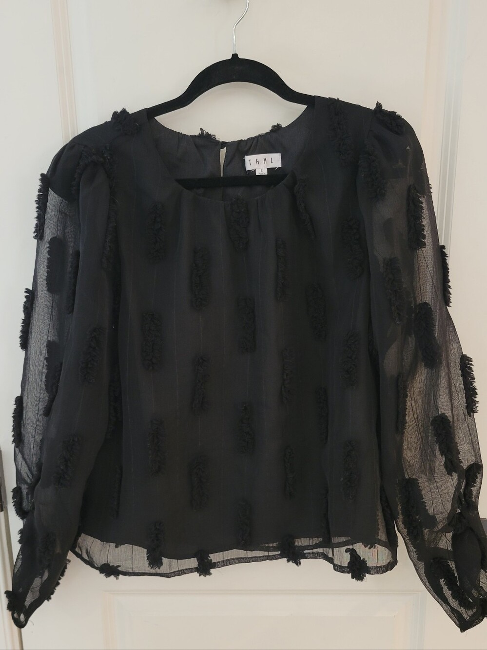 THML Black Pom Fringe Sheer Blouse Size L